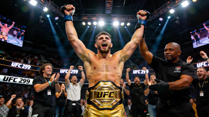 UFC 299主赛，肖恩·奥马利成功卫冕羽量级冠军，高举双臂庆祝胜利