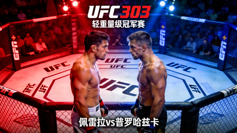 UFC 303轻重量级冠军赛主海报，佩雷拉与普罗哈兹卡在八角笼内对视