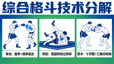 综合格斗技术分解图，展示拳击、摔跤、柔术的融合应用