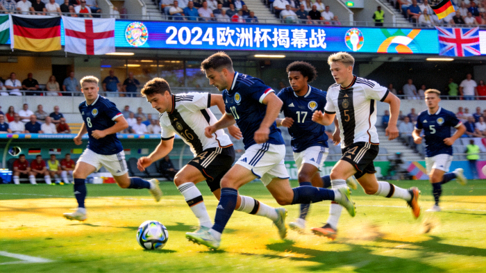 2024欧洲杯揭幕战德国队对阵苏格兰队，球员在球场上激烈拼抢